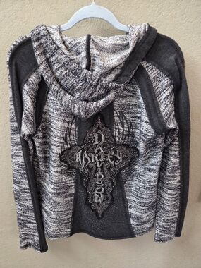 Harley-Davidson Black and Gray Hooded Knit Sweater with Embroidered Cross Patch